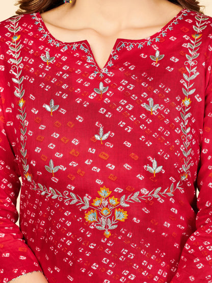 Red Bandhani Embroidered Straight Cotton Kurta