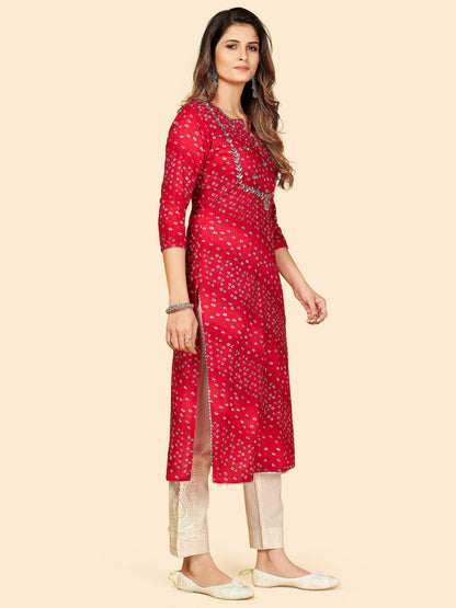 Red Bandhani Embroidered Straight Cotton Kurta