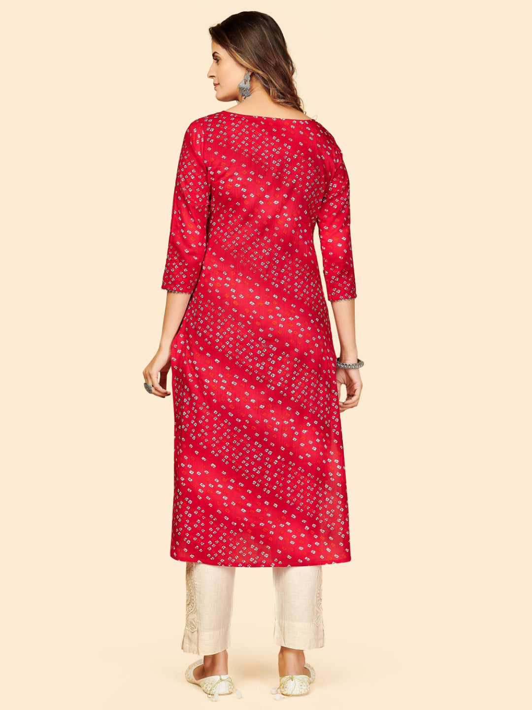 Red Bandhani Embroidered Straight Cotton Kurta