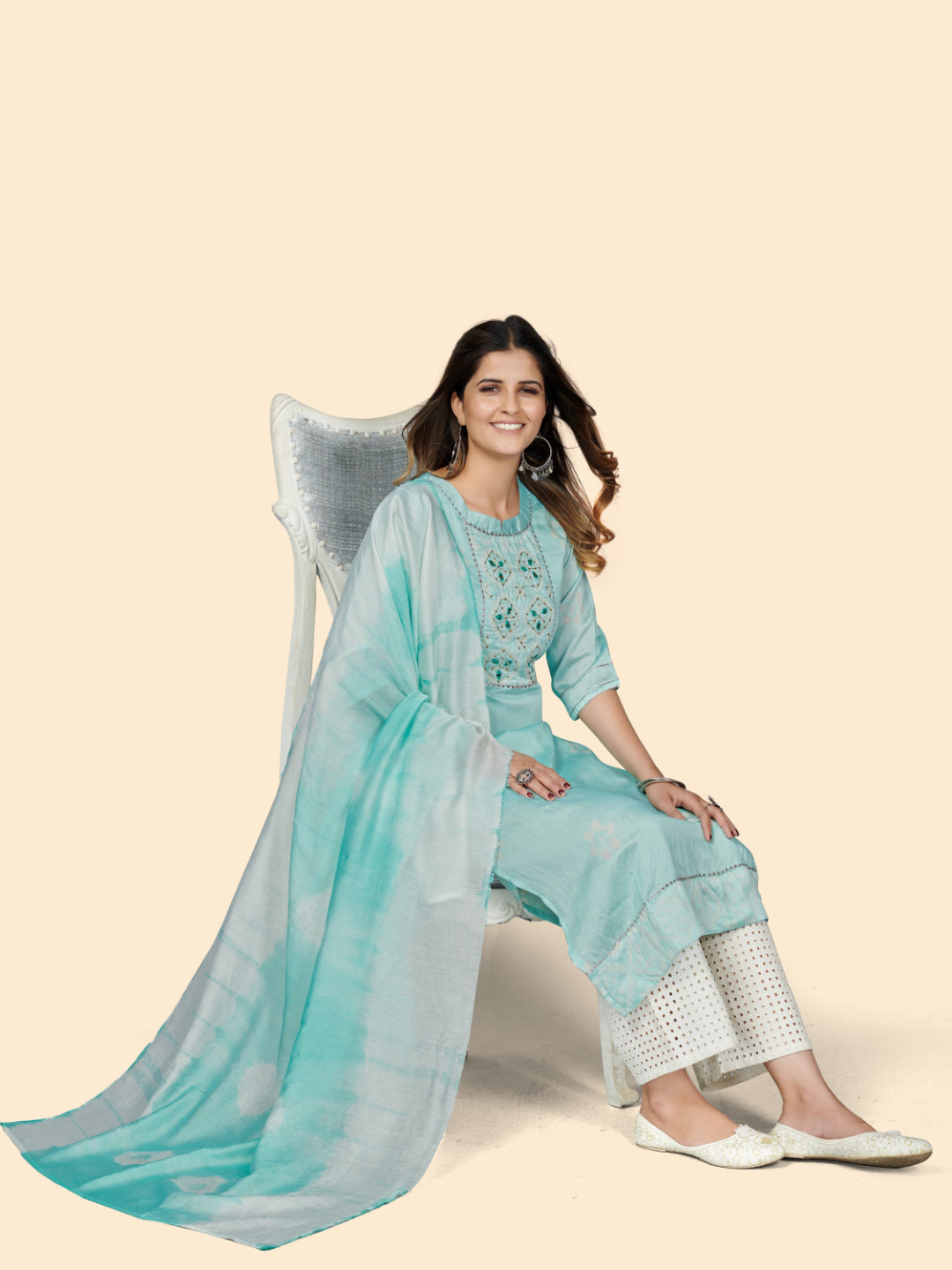 Turquoise Straight Chanderi Kurta With Dupatta