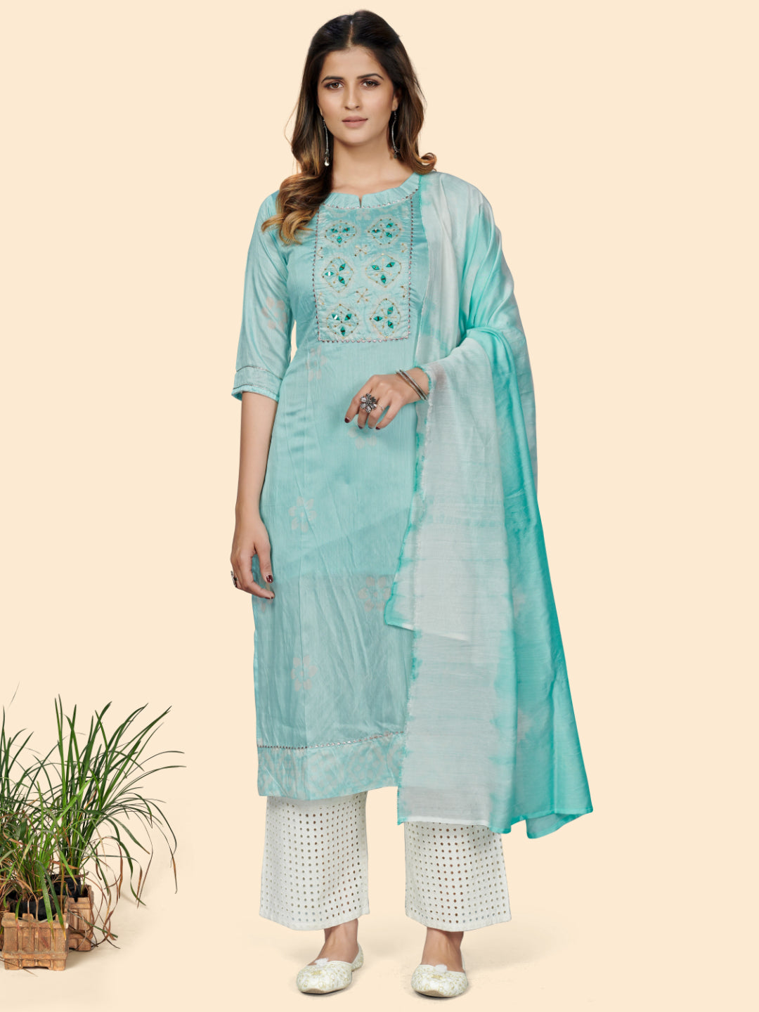 Turquoise Straight Chanderi Kurta With Dupatta