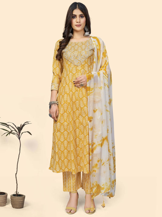 Yellow Embroidered A-Line Cotton Kurta Set