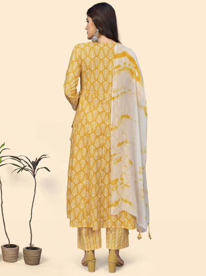 Yellow Embroidered A-Line Cotton Kurta Set