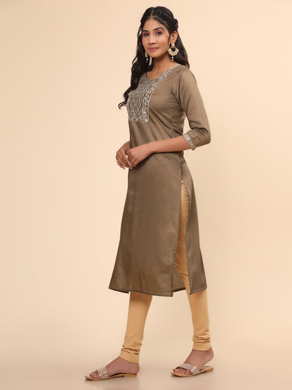 Brown Embroidered Straight Chanderi Kurta