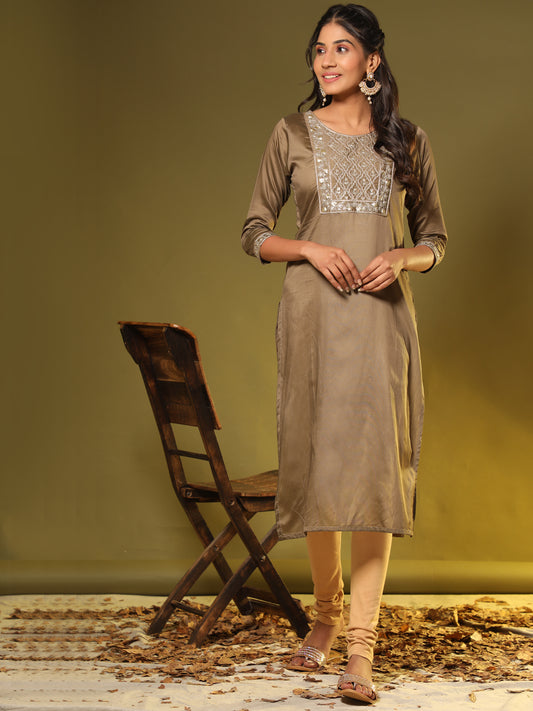 Brown Embroidered Straight Chanderi Kurta