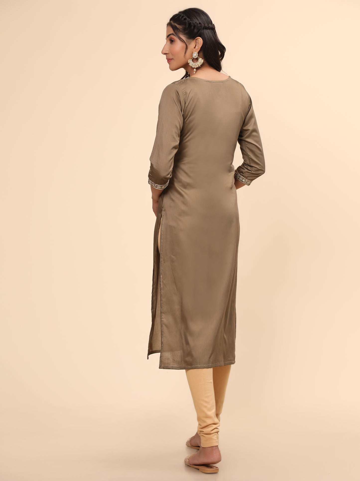 Brown Embroidered Straight Chanderi Kurta