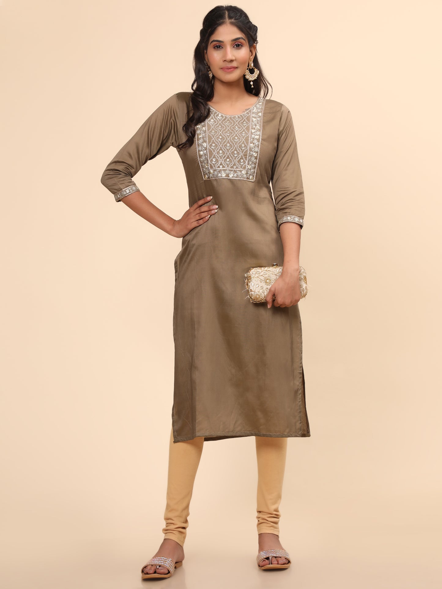 Brown Embroidered Straight Chanderi Kurta