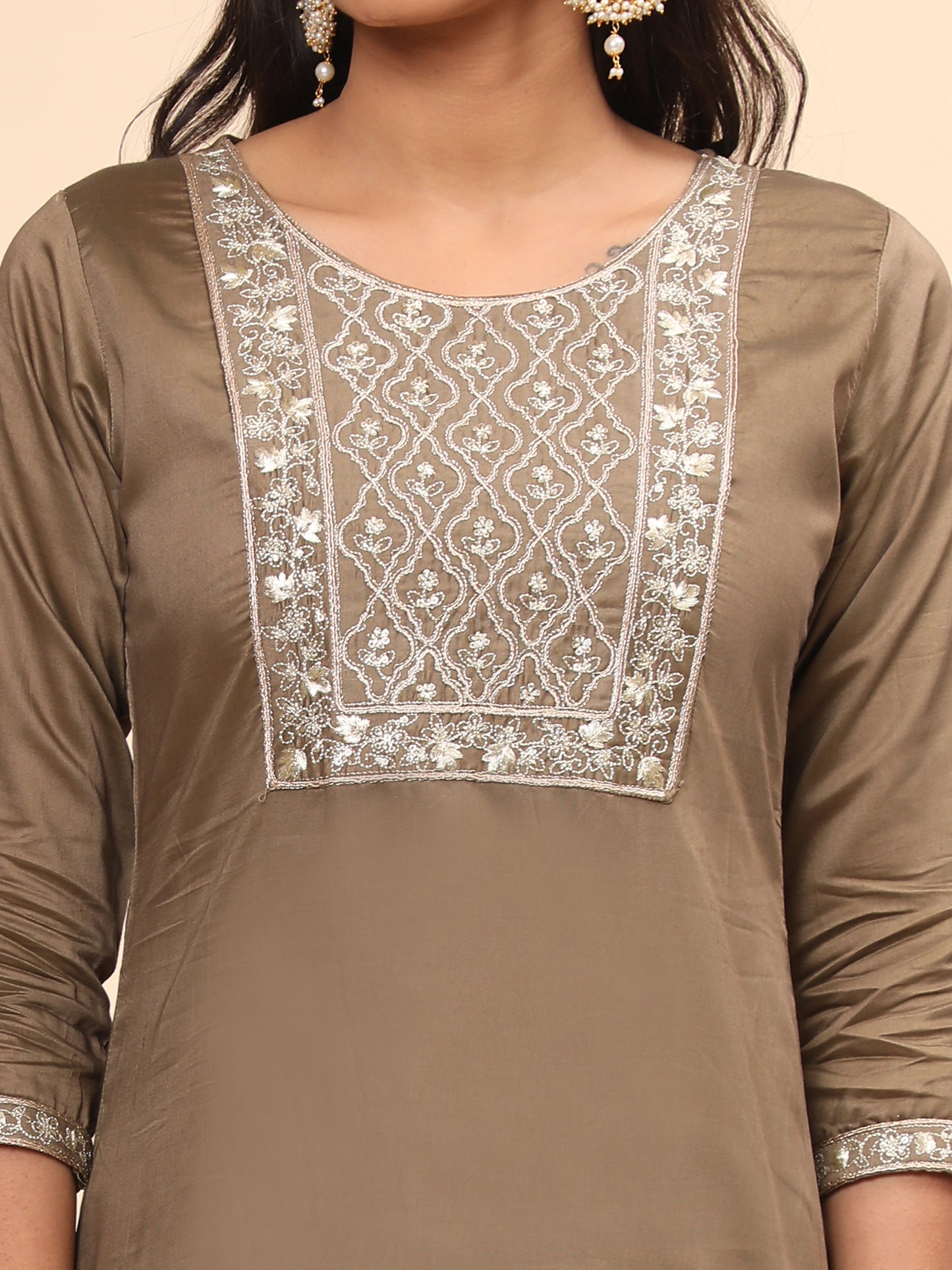 Brown Embroidered Straight Chanderi Kurta