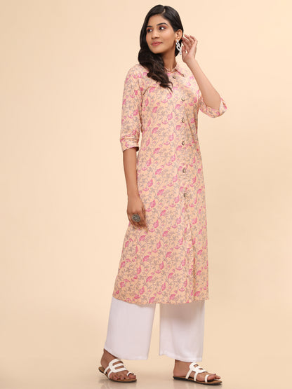 Peach Floral Print A-Line Cotton Kurta
