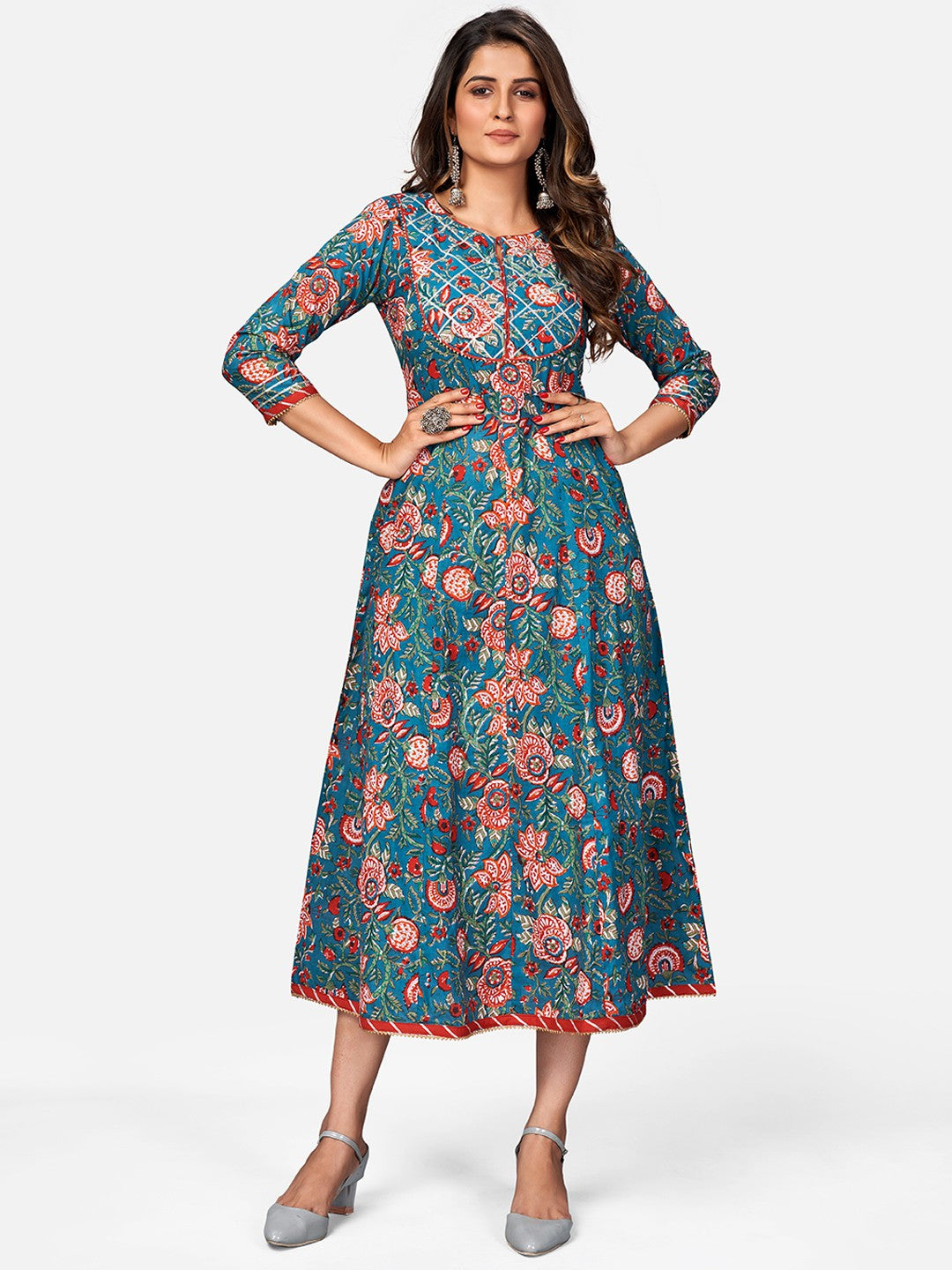 Turquoise Gota Patti Anarkali Cotton Kurta