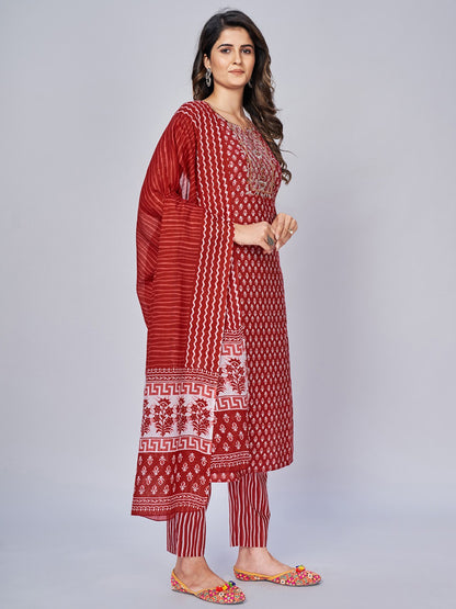 Red Embroidered Straight Cotton Kurta Set