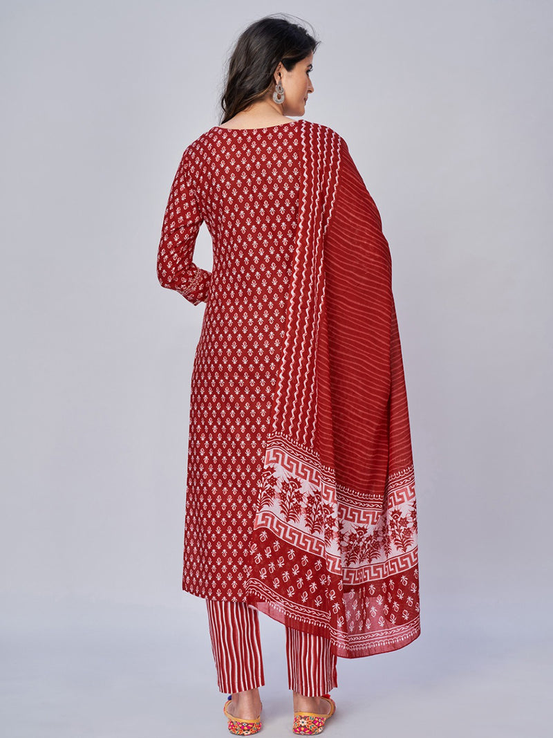 Red Embroidered Straight Cotton Kurta Set